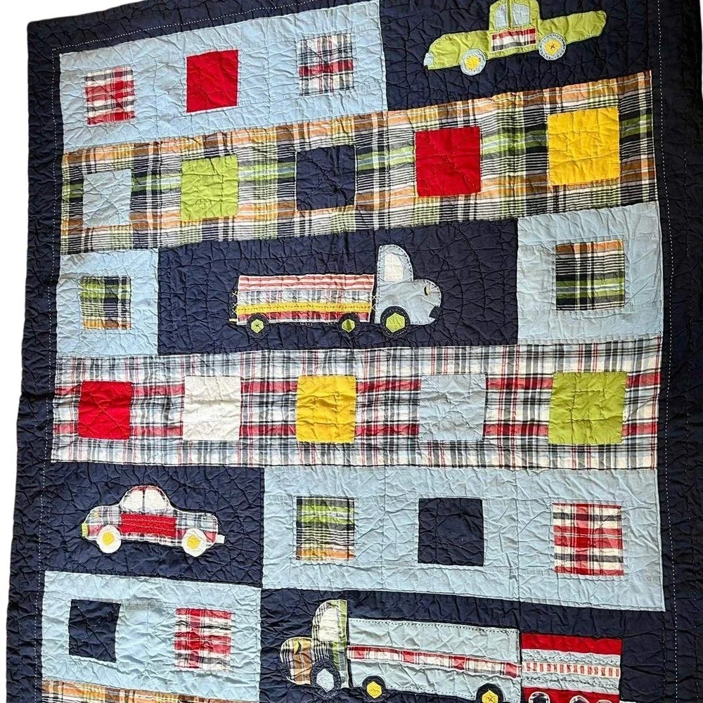 Pottery Barn Kids Vintage Twin Quilt Cars Trucks Plaid Patchwork Boys Nursery